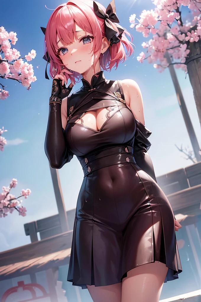 nino nakano, short hair, bangs, blue eyes, hair ornaments, Hair Ribbon, Pink Hair, blunt bangs, Both sides up, butterfly hair ornaments, skirt, No sleeve、、Random color see-through kunoichi costume、Japanese see-through female samurai costume、See-through female ninja costume,, Open clothes, Collared dress emphasizes cleavage、胸の谷間のSweat is noticeable,, 満開のcherry blossoms、cherry blossoms、Open-air bath、Outdoor、Professional lighting light reflection、 looking at viewer, (masterpiece:1.2), Highest quality, High resolution, unity 8k wallpaper, (figure:0.8), (Beautiful fine details:1.6), Highly detailed face, Perfect lighting, Highly detailed CG, (Perfect hands, Perfect Anatomy),heavy rain、heavy rainで全身びしょ濡れ、heavy rainで全身びしょ濡れの服、High heels、 ((Perfect handsの形))、(Perfect foot shape、Embarrassed expression blushing、、Gestures to seduce a man、Obscene pose、Shining Sweat、Perfect Skin,Sweat is noticeable、太もものSweat is noticeable、、 Fair skin,Tight waist, Sweating profusely、Sweaty hair、Sweaty clothes、Sweaty、Visible sweat、rain-wet hair