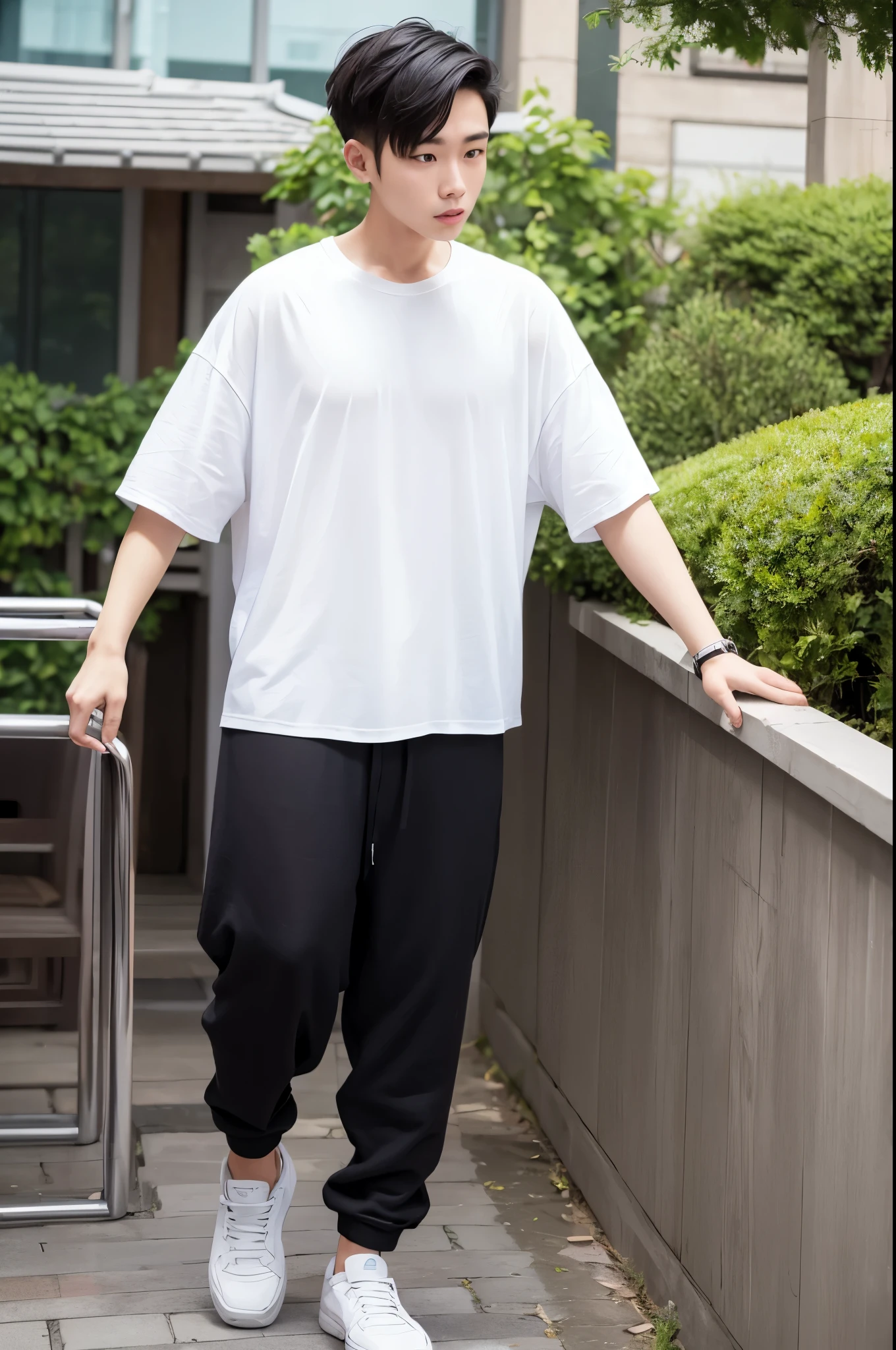 A Beijing young men, slim. wearing oversize white T shirt then black jogger pants, full body, black short cut, garden