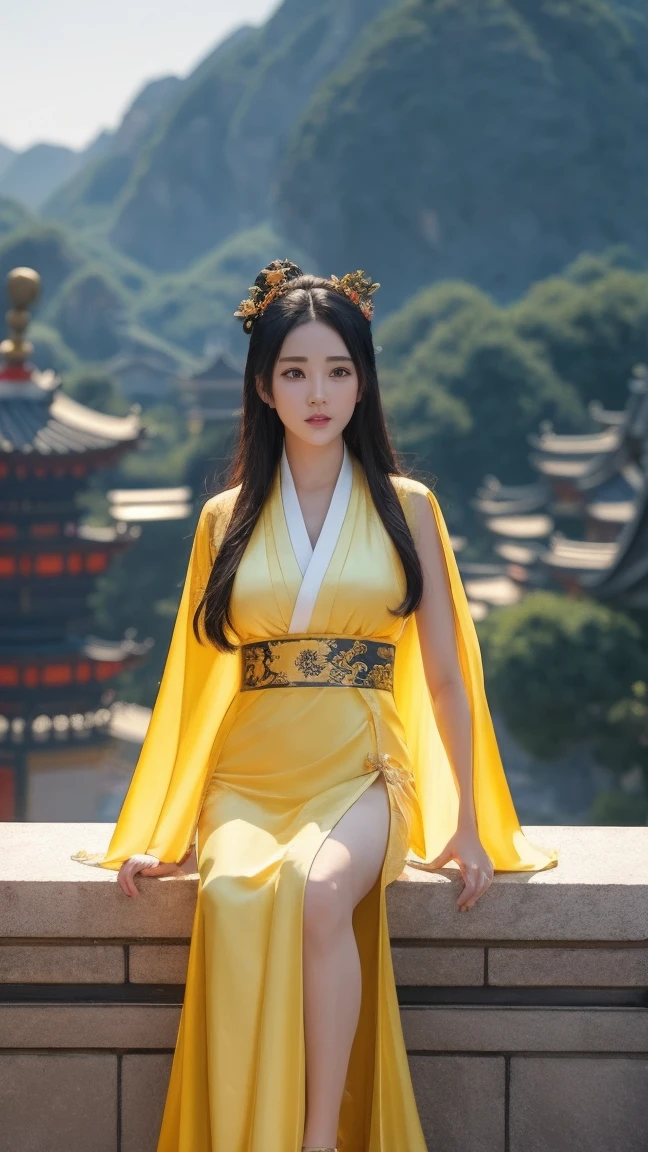 araffe woman in a sexy yellow kimono sitting on a ledge, palace , a girl in sexy hanfu, realistic anime 3 d style, artwork in the style of guweiz, beautiful character painting, 3 d anime realistic, trending on cgstation, anime styled 3d, wearing ancient sexy chinese clothes, chinese girl, artgerm and atey ghailan, big breasts, perfect body