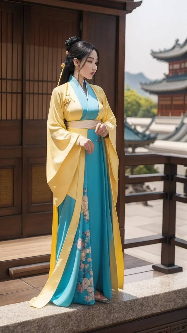 araffe woman in a sexy yellow kimono sitting on a ledge, palace , a girl in sexy hanfu, realistic anime 3 d style, artwork in the style of guweiz, beautiful character painting, 3 d anime realistic, trending on cgstation, anime styled 3d, wearing ancient sexy chinese clothes, chinese girl, artgerm and atey ghailan, big breasts, perfect body