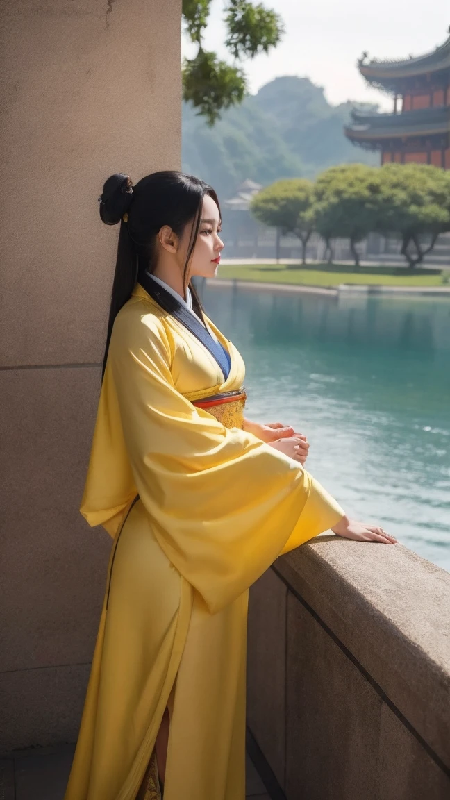 araffe woman in a sexy yellow kimono sitting on a ledge, palace , a girl in sexy hanfu, realistic anime 3 d style, artwork in the style of guweiz, beautiful character painting, 3 d anime realistic, trending on cgstation, anime styled 3d, wearing ancient sexy chinese clothes, chinese girl, artgerm and atey ghailan, big breasts, perfect body