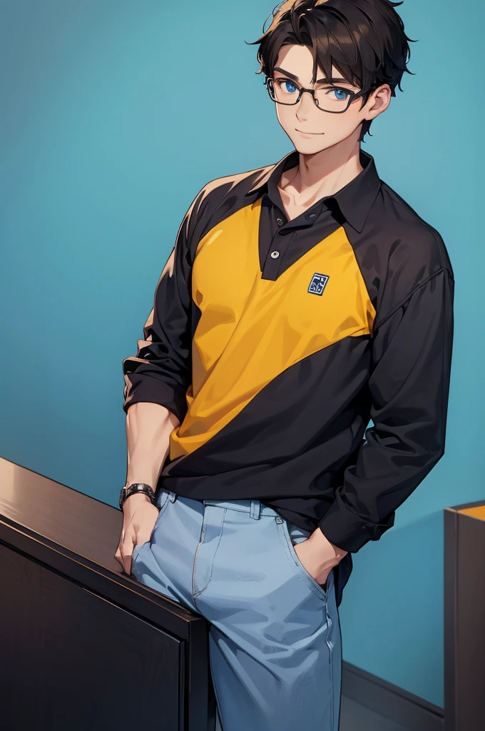 Boy, one boy,charming, Black hair with brown highlight, blue eyes, Wears Blue polo shirt with white shirt under,wears Glasses,black pierce on his left ear, standing, right hand inside the pocket, smile slightly, yellow background 