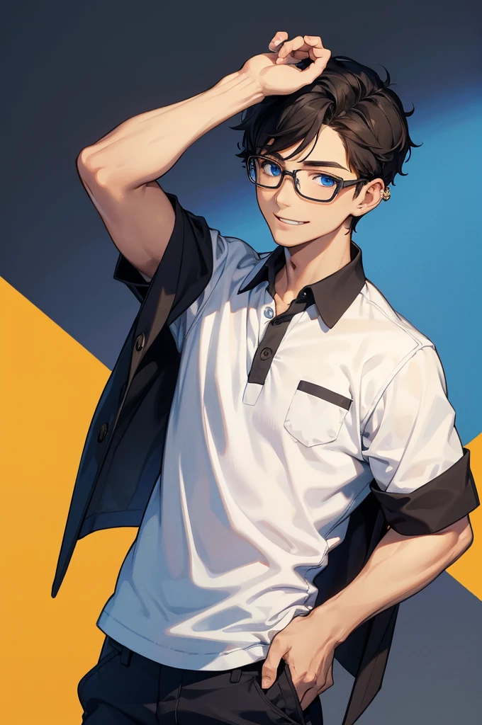 Boy, one boy,charming, Black hair with brown highlight, blue eyes, Wears Blue polo shirt with white shirt under,wears Glasses,black pierce on his left ear, standing, right hand inside the pocket, smile slightly, yellow background