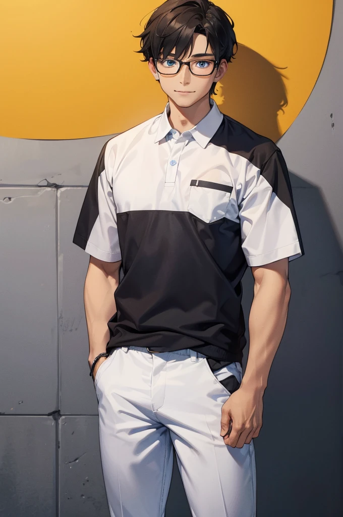 Boy, one boy,charming, Black hair with brown highlight, blue eyes, Wears Blue polo shirt with white shirt under,wears Glasses,black pierce on his left ear, standing, right hand inside the pocket, smile slightly, yellow background
