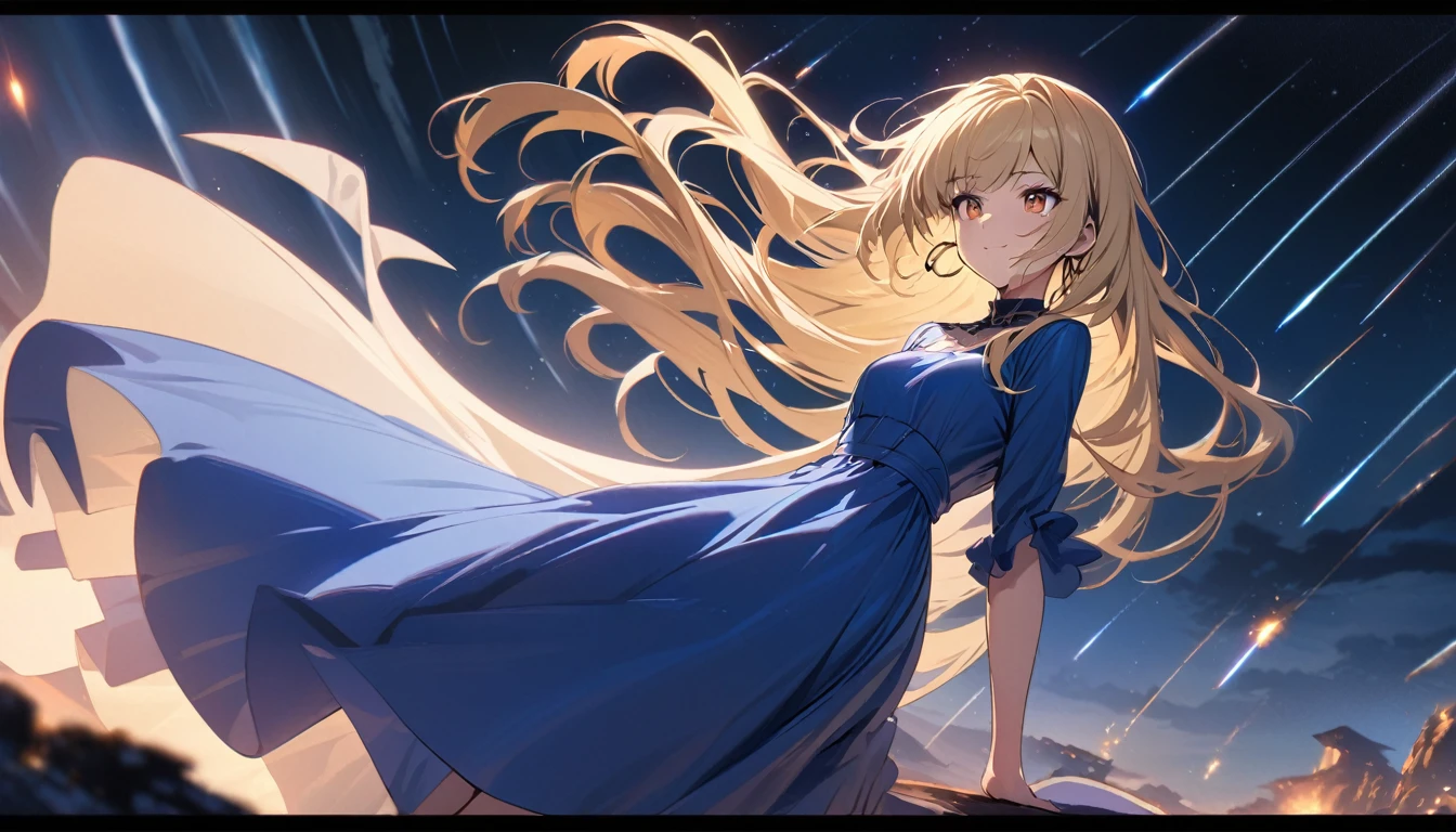 Masterpiece, Top Quality, High Resolution, Super Dimensional Face, Cute Eyes, Very Beautiful Girl in Long Blue Dress Anime Character, One Beautiful Girl, Long Dress, Solo, Blue Dress, (Bob-cut Hair:1.1), Amber Eyes, Gazing, Blonde Hair, ((Hair Fluttering in Wind)), , Medium Chest, Hoop Earrings, Fluttering hair, Night sky, Meteor shower, Fantastic, Phantom moon, Light smile, Dynamic, Fantasy, Otherworldly, Mysterious place
