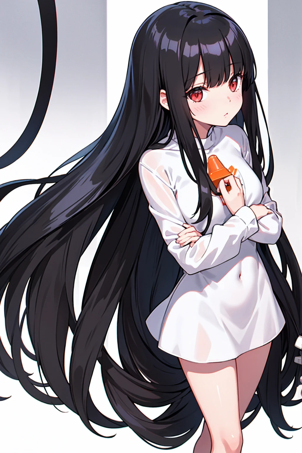 whole body,Standing posture, (alone,Shiny Hair,Hime cut,Black Hair,Long Straight Hair,) (One girl, Normal milk), (beautifully drawn face:1.2) (Completely naked) Embarrassed expression,Hide your chest,(White background) 