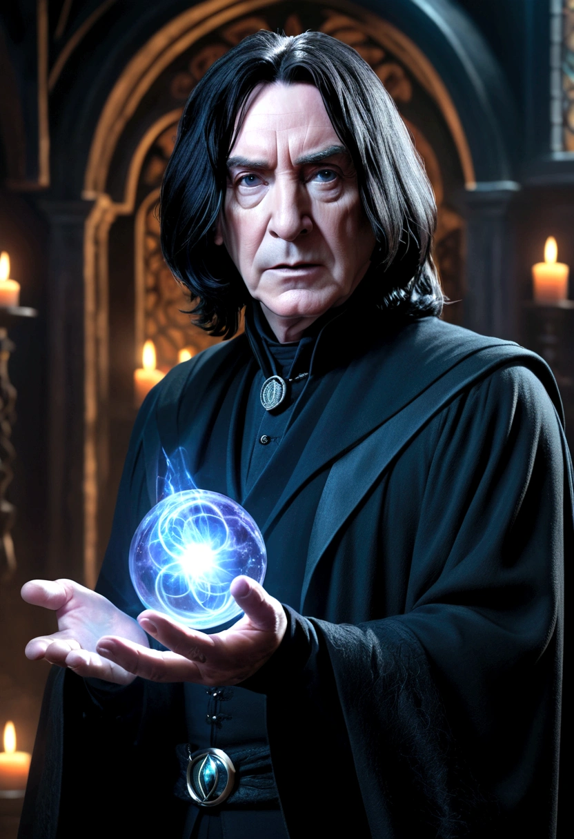 a severus snape casting a powerful spell, cylindrical time machine, spectral portal, ultra detailed, photorealistic, dramatic lighting, fantasy, magical, dark, moody