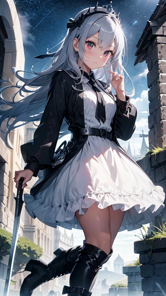 （（（highest quality、Masterpiece、Normal body、8k、Detailed face、Ultra-precision、Normal hand、Normal finger、５Finger、Highest）））Beautiful girl with gray silver hair、Princess、Absolute Being、Twilight Dress、White and black skirt、Shiny Tiara、metal boots、Death Scythe、Game Scythe、Grim Reaper&#39;s Scythe、disaster々New Scythe、disaster々Aura、reap the soul、death penalty、Grim Reaper、grim Reaper、collapsing universe、Dimensional Destruction、The End of the Galaxy、Combat Ready、Death Scytheを振りかぶる、He lowers his waist, holds the scythe in both hands and swings it over his shoulder, red eyes, light red eyes, beautiful clear eyes