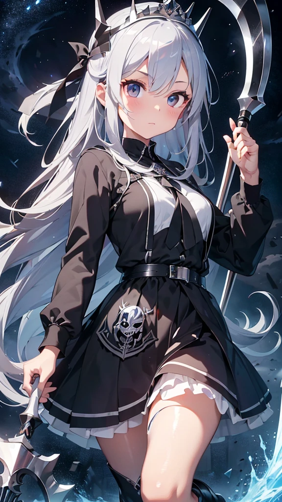 （（（highest quality、Masterpiece、Normal body、8k、Detailed face、Ultra-precision、Normal hand、Normal finger、５Finger、Highest）））Beautiful girl with gray silver hair、Princess、Absolute Being、Twilight Dress、White and black skirt、Shiny Tiara、metal boots、Death Scythe、Game Scythe、Grim Reaper&#39;s Scythe、disaster々New Scythe、disaster々Aura、reap the soul、death penalty、Grim Reaper、grim Reaper、collapsing universe、Dimensional Destruction、The End of the Galaxy、Combat Ready、Death Scytheを振りかぶる、He lowers his waist, holds the scythe in both hands and swings it over his shoulder, red eyes, light red eyes, beautiful clear eyes