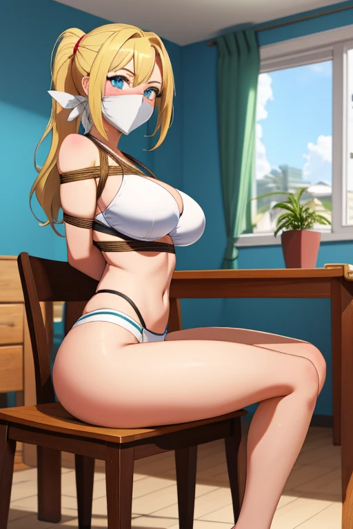 1 girl, detailed blue eyes, lange wimpern, detailed beautiful face, Long ponytail, a Bit curly hair, (Long blonde hair:1.4), (arms behind back:1.6), gefesselte Arme, blushing, (Big boobs:1.1), White Bikini, OTN, Gag, gagged, shibari, tied Gag, sitting in a modern Apartment located at a beach, sitzend auf einem gepolsterten Sessel, looking at Viewer, View from the front