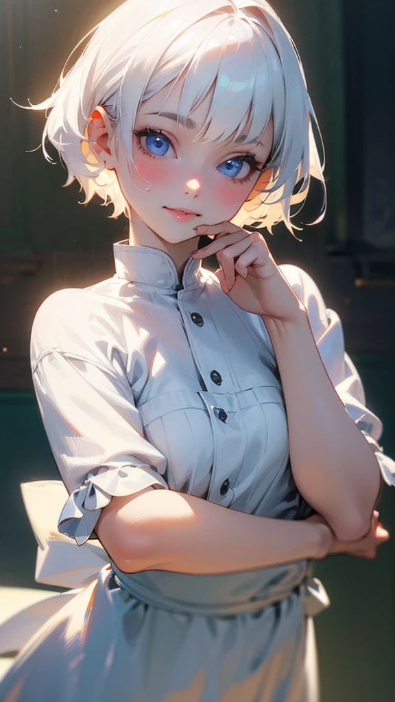 A cute girl with cat smile, short white hair, pale skin, shy expression, adorable, (best quality,4k,8k,highres,masterpiece:1.2),ultra-detailed,(realistic,photorealistic,photo-realistic:1.37),HDR,studio lighting,extreme detail description,professional,vivid colors,bokeh,digital painting,elegant,soft lighting,sweet,kawaii,cute