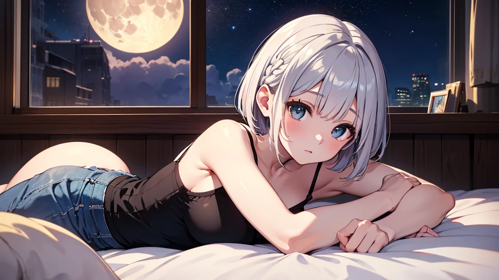 Ultra-high resolution,masterpiece, Attention to detail, Highest quality, 4K,(Silver braided short bob、camisole),(well endowed,Captivating body、Ultra-detailed skin、Beautiful eyes、Detailed Background),1girl、(lie face down, sleeping,Lying down)、bed、night、I can see the moon from the window