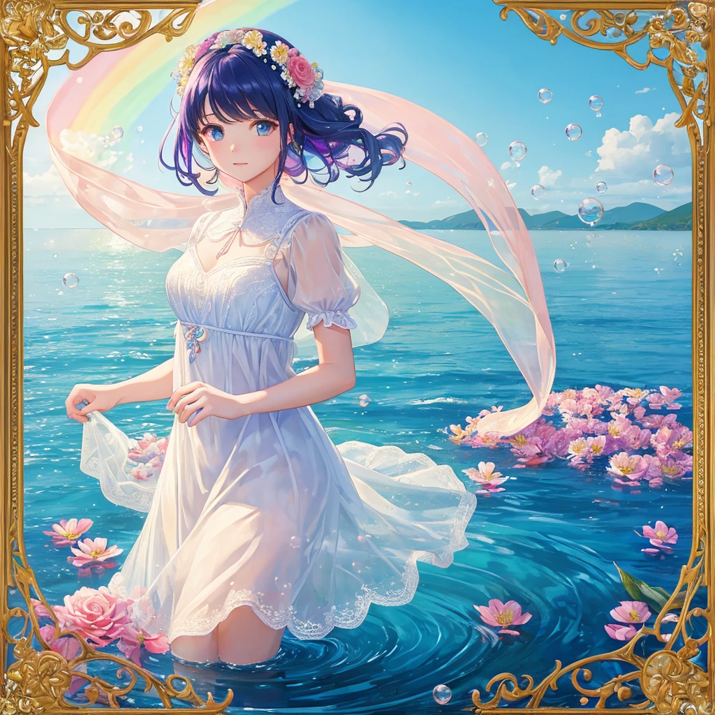 (((1 girl ))), masterpiece, highest quality, beautifully、aesthetic: 1.2, gem, Quality lace, Detailed frame, Flowers, water, A beautiful girl fits into the frame, rainbow hair, bubbles