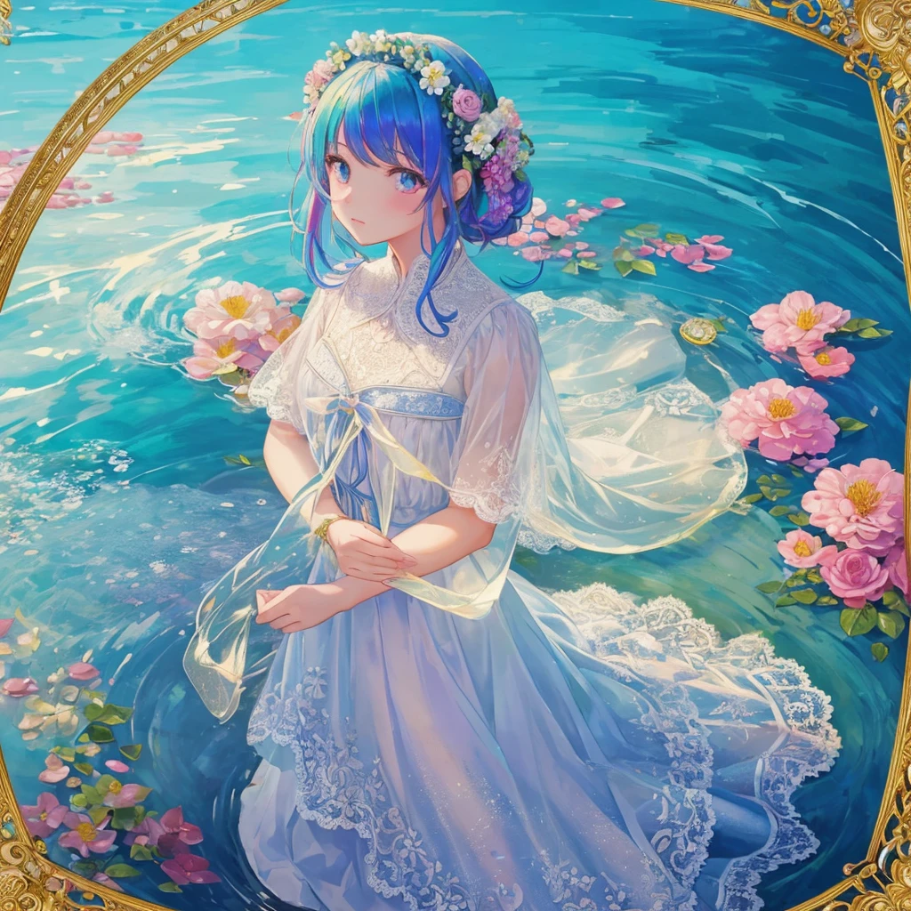 (((1 girl ))), masterpiece, highest quality, beautifully、aesthetic: 1.2, gem, Quality lace, Detailed frame, Flowers, water, A beautiful girl fits into the frame, rainbow hair, bubbles