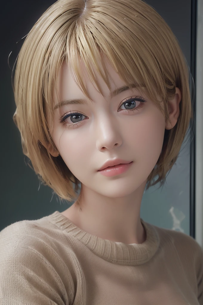 (masterpiece:1.3), (8k, Realistic, RAW Photos, Highest quality: 1.4), (One Girl), Beautiful Face, (Realistic Face), (blonde, short hair:1.3), Beautiful hairstyle, Realistic eyes, Beautiful details, (Realistic Skin), Beautiful Skin, (sweater), Absurd, charm, Ultra-high resolution, Ultra-realistic, Very detailed, Golden Ratio