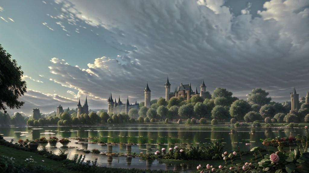 In the morning light, there is a castle by the lake. The rose garden is full of roses,surrounded by clouds and mist, It is romantic and dreamy ,super large scene,Thomas Kincaid,ultra wide Angle,high-definition picture,detailed,rendered in artstation