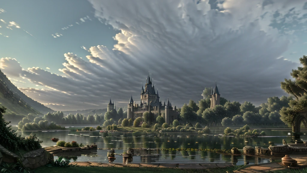 In the morning light, there is a castle by the lake. The rose garden is full of roses,surrounded by clouds and mist, It is romantic and dreamy ,super large scene,Thomas Kincaid,ultra wide Angle,high-definition picture,detailed,rendered in artstation