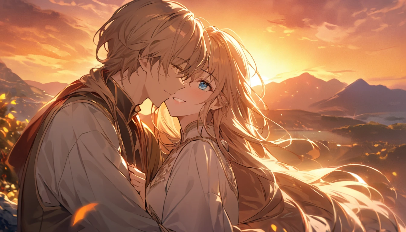 As the sun sets behind the distant mountains, casting a warm, golden glow over the landscape (sunset ambiance: 1.0), a couple stands on the edge of a cliff, their expressions filled with awe and wonder (couple's emotions: 1.0). BREAK The wind tousles their hair (wind effect: 1.0) as they gaze out at the breathtaking vista before them (scenic beauty: 1.0).
She has a slight smile playing on her lips, her eyes sparkling with a mix of joy and contentment (her expression: 1.0). Her hand gently rests on his arm, conveying affection and trust (her gesture: 1.0).
He looks at her with a deep, loving gaze (his expression: 1.0), his eyes reflecting the colors of the setting sun. His body language exudes a sense of protection and devotion (his gesture: 1.0).
Together, they share a profound connection, and their detailed expressions tell a story of love and harmony that words alone cannot capture.