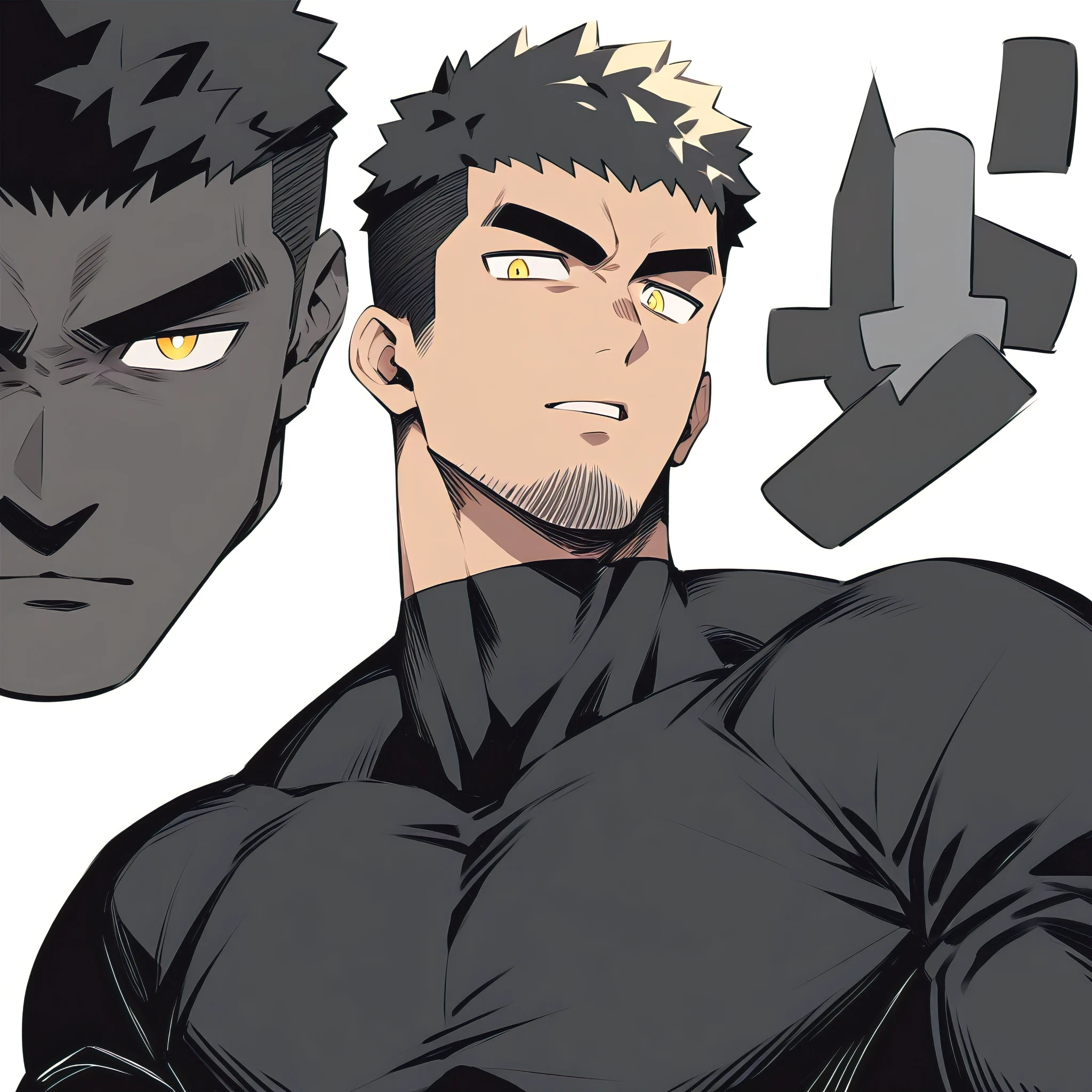 one negro, anime characters：Gyee, Hibino Kafka, One Muscle Sports Student, negro black skin, Very Black, muscular tough guy, Manliness, male focus, Grey long sleeve turtleneck tight t-shirt, Regular symmetrical pattern, Very tight, muscular male, muscular, only, Upper body, alone, Black short hair, Thick eyebrows, stubble, Yellow eyes, White background, simple background, amazing quality, best aesthetics, Ridiculous, bright pupils, crew cut, parted lips, v-shaped eyebrows, jitome, best quality