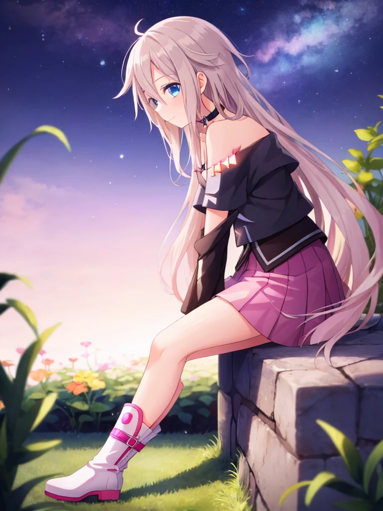 one girl, IA, vocaloid, skirt, black shirt, off shoulder, choker, beauty, girl from other planet, happy, mysterious girl, boots, sitting on garden, full body, hold knee, from side, gaze at sky, night sky, face in profile