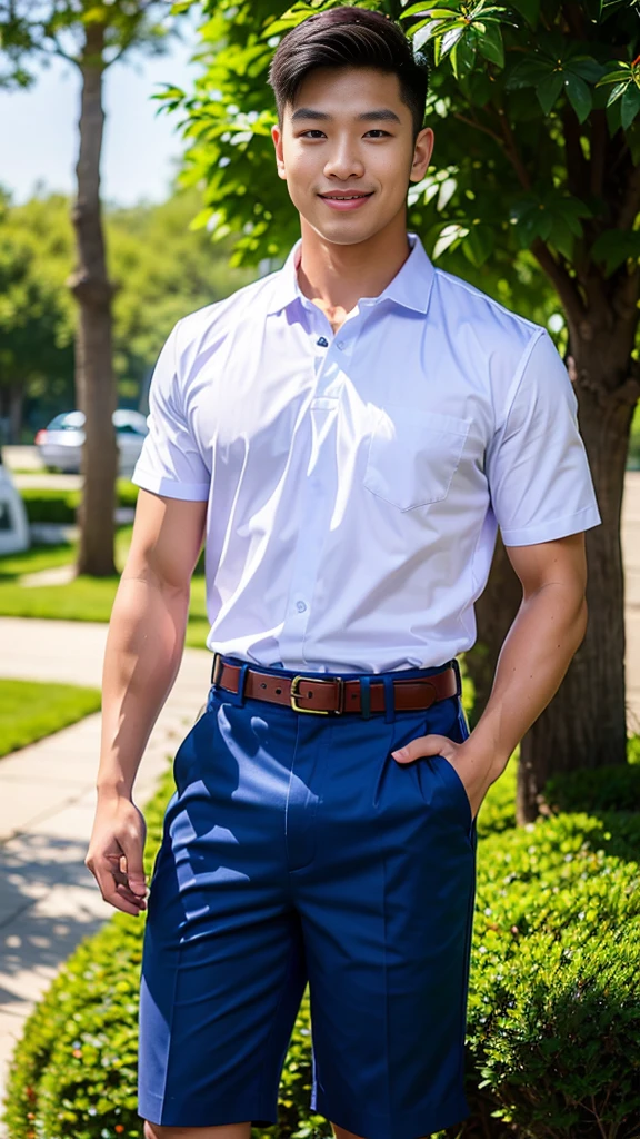 (Create a masterpiece: 1.2),(CGI art:1.3),(realistic:1.5),(After processing:1.3),(Sharp focus:1.3),10,1 man, smile, (Wear a white school shirt.), (Shorts, blue:1.2),brown belt, Korean guy , korean men, (High gloss details), chest muscles, large arm muscles, blood vessel, Big muscles, Broad shoulders, looking at the audience, Balancing the eyes, forest, mountain, (Make eye contact)