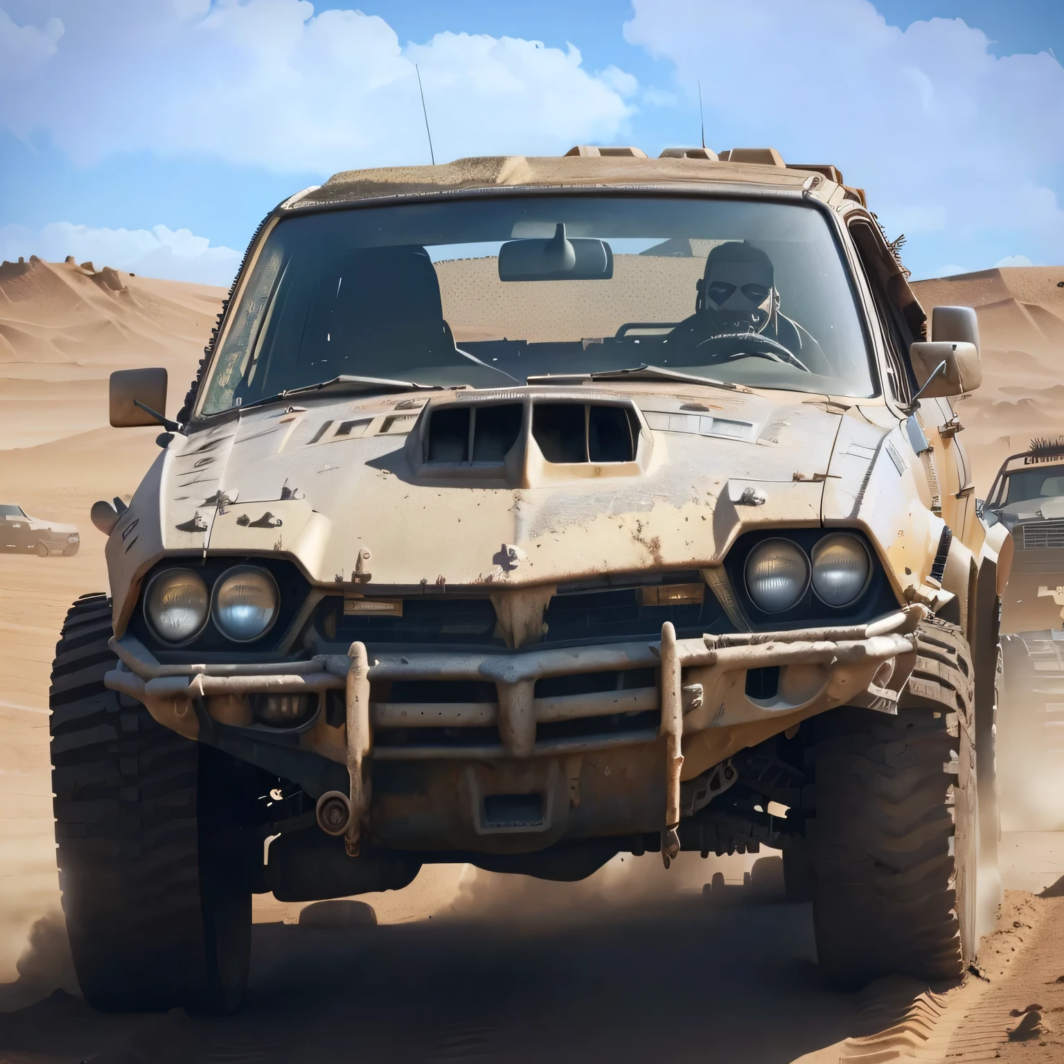 There is a dirty car parked in the dirt, Mad Max style, in Mad Max style, pixar cars in Mad Max fury road, Mad Max inspired, Mad Max fury road style, from the movie Mad Max fury road, Mad Max, Mad Max dust storm, Mad Max, trophy truck, phone wallpaper, Off-road, Octane Engine Rendering 8k hdr Wide-angle lens, shot from above