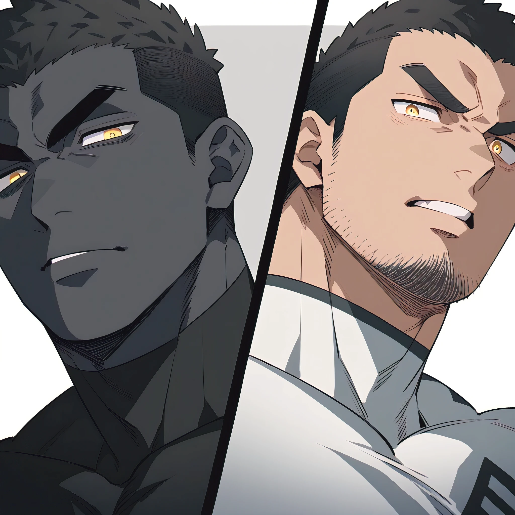 one negro, anime characters：Hibino Kafka, One Muscle Sports Student, negro black skin, Very Black, muscular tough guy, Manliness, male focus, Grey long sleeve turtleneck tight t-shirt, Regular symmetrical pattern, Very tight, muscular male, muscular, only, Upper body, alone, Black short hair, Thick eyebrows, stubble, Yellow eyes, White background, simple background, amazing quality, best aesthetics, Ridiculous, bright pupils, crew cut, parted lips, v-shaped eyebrows, jitome, best quality