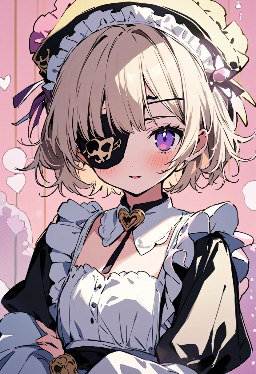 masterpiece, Highest quality, Illustration of the novel, High resolution, 18+ Adult content, Sensual, Intimate, Emotional, Passionate, romantic, sweet, Adorable, Innocent, Pure, Charmな, Charmな, Charm, mysterious, Charmな, Charmな, Immersive, Charmな, dream-like, Surreal, Imaginative, Whimsical, Artistic, Avant-garde, timeless, elegant, Sophisticated, chic, Sophisticated, personality, original, Charmな,((Maid clothes:1.3)),(( Pirate:1.3)),((Eye patch:1.3))、((Upper Body:1.3))