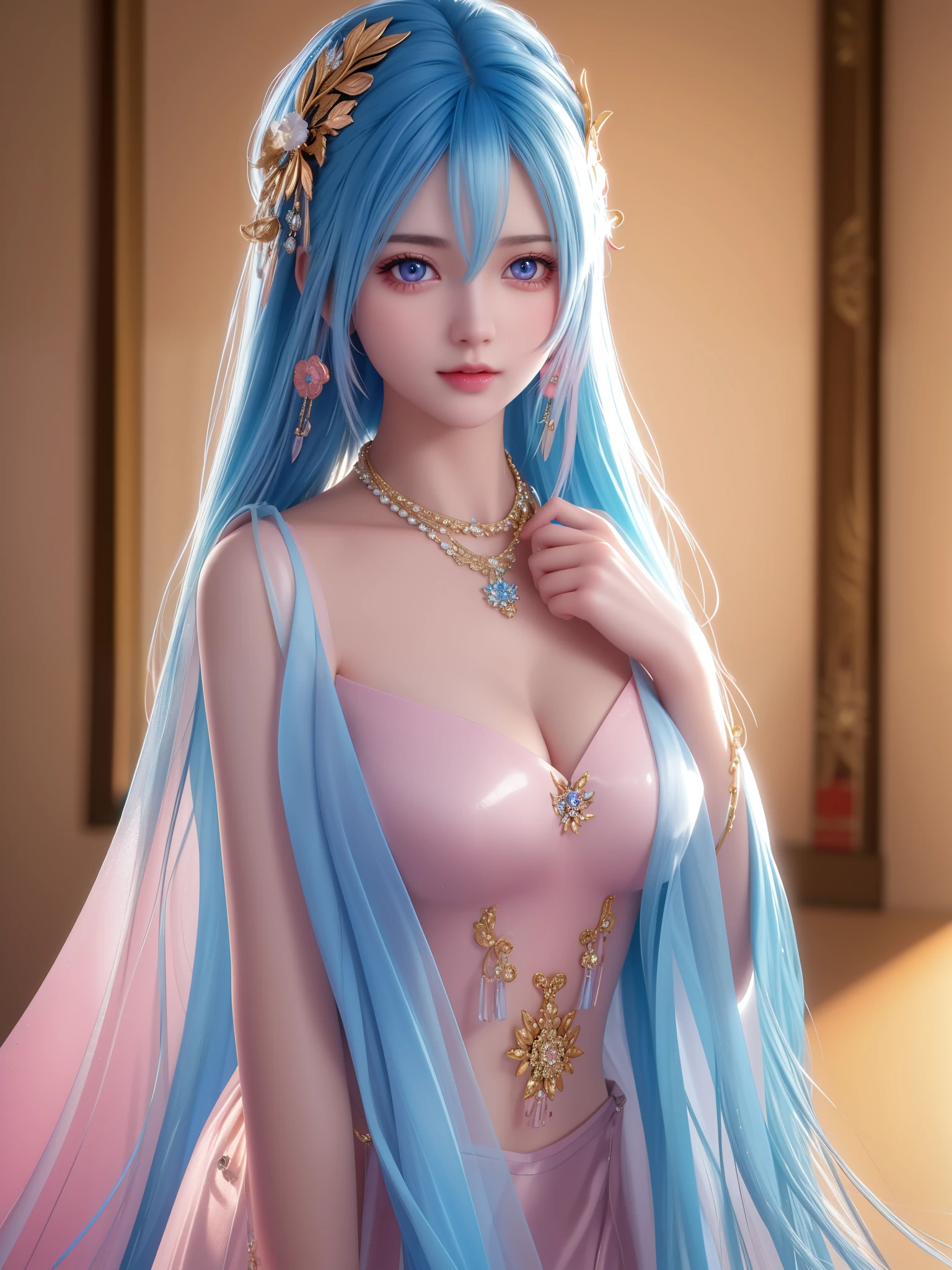 beste-Qualit, master-piece, Tall, 1girls, nude, Hair ornaments, necklace, ornament, Beautiful face, When the body, Tyndall effect, photorealistic portrait, dark studio, Edge lighting, two-color light, (highly detailed skin:1.2), 8k uhd, dslr, Soft light, High Quality, Volumetric lighting, honest, Photograph, high-res, 4k, 8k, bokeh, Blue hair with pink tips, pink eyes.