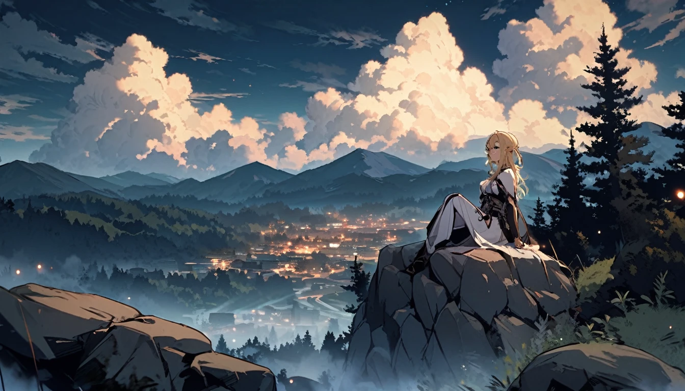 octans, sky, 1girl, night sky, solo, outdoors, building, cloud, sitting on a rock , tree, long blond hair, sitting on a rock in the mountains with a beautiful view, ,Also have some clouds
