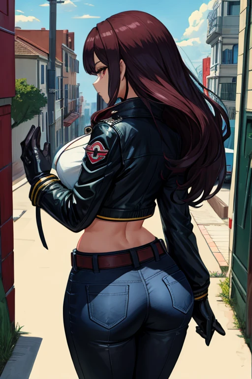 masterpiece, best quality, beautiful detailed eyes, beelstarmon, 1girl, solo, long hair,  gloves, long sleeves, navel,  jacket, sidelocks, cowboy shot, open clothes, black gloves, midriff, belt, pants,  huge breasts, huge ass, wide hips, small waist, city, ciberpunk town,outdoors,walking, akiraposter, from above, from behind, walking, ground vehicle, black motorcycle, harley davison