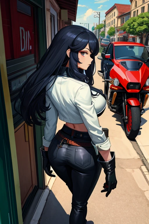 masterpiece, best quality, beautiful detailed eyes, beelstarmon, 1girl, solo, long hair, gloves, long sleeves, navel, jacket, sidelocks, cowboy shot, open clothes, black gloves, midriff, belt, pants, huge breasts, huge ass, wide hips, small waist, city, ciberpunk town,outdoors,walking, akiraposter, from above, from behind, walking, ground vehicle, black motorcycle, harley davison