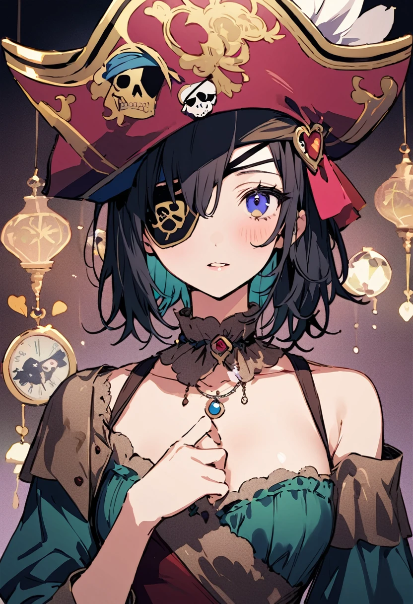 1 girl solo, long purple hair, ((eyepatch)), purple eye, tall brown hat, bare shoulders, brown and red clothes, white high boots, white gloves, golden details