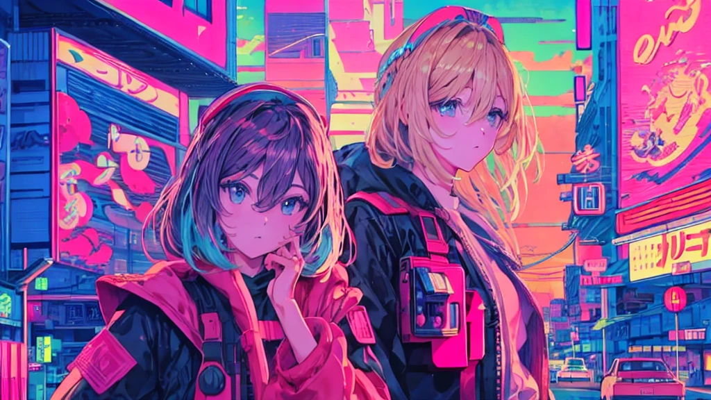 Highest quality, 4k wallpaper, masterpiece, Highly detailed CG Unity 8k wallpaper, Very fine grain, Super detailed, Intricate details, 中央に1peopleの幸せな女の子のクローズアップ, Retro art style, ((Synthwave art style)), public, Outdoor, road signs, city, people々