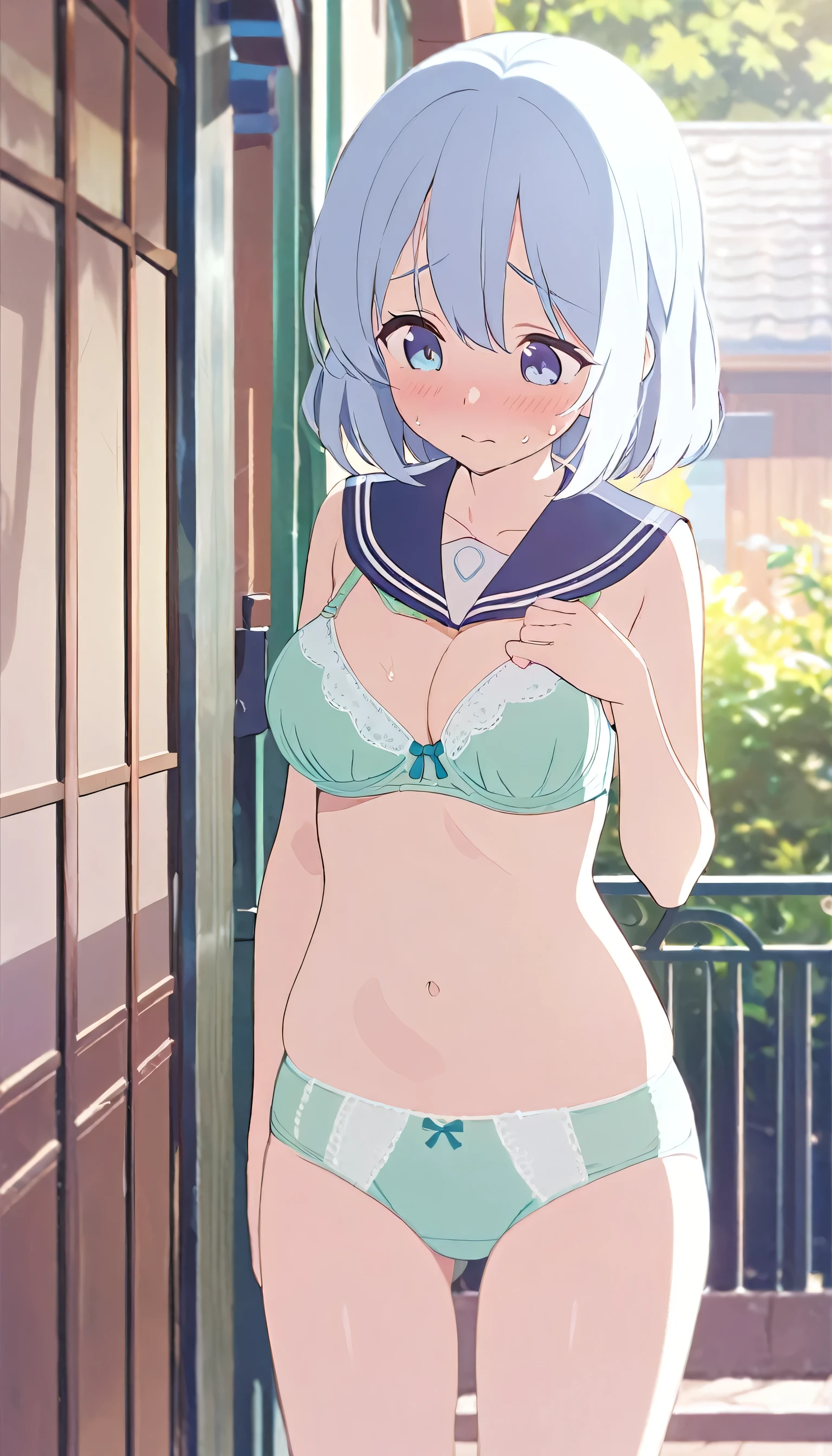 One girl、Standing in front of the house、Light blue hair、blue eyes、Standard bust size、Feeling embarrassed、A little big chest、Wearing a sailor collar、Wearing a green bra、Wearing green panties、Daytime view