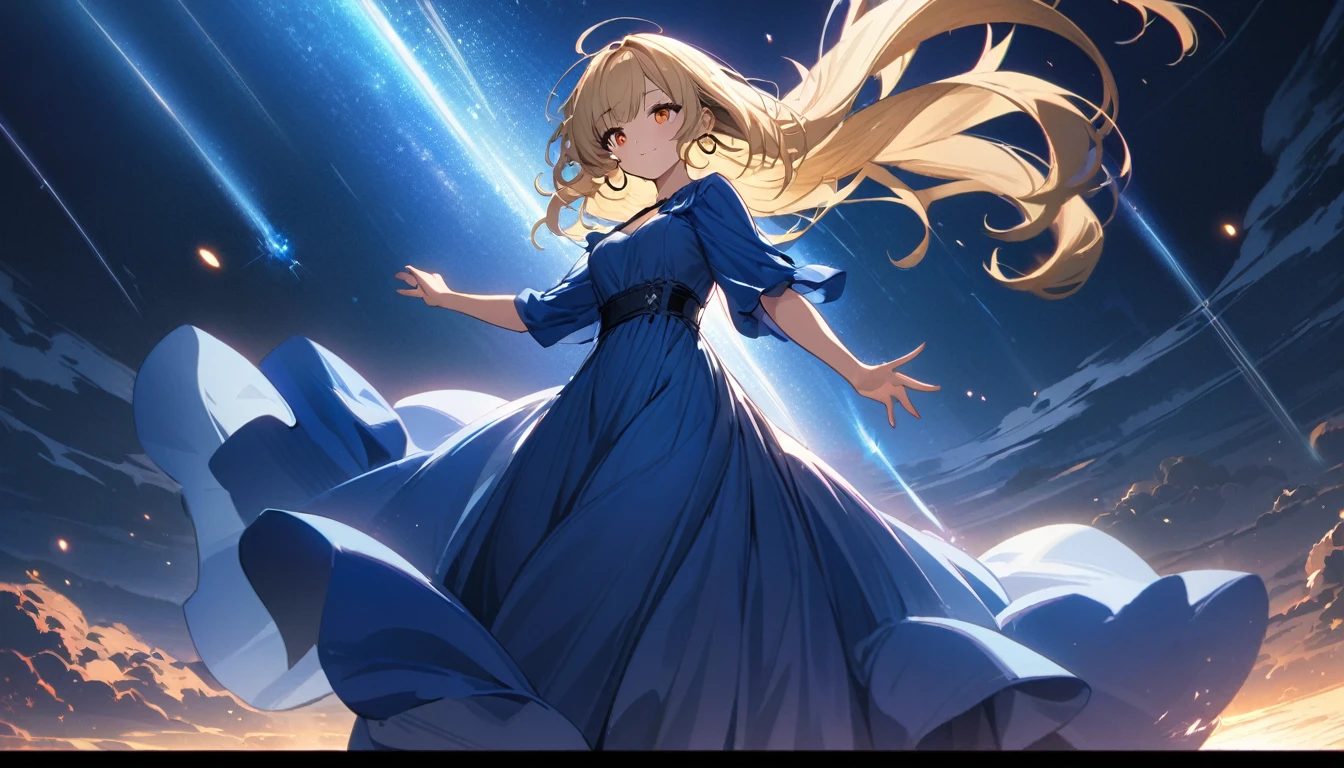 Masterpiece, Top Quality, High Resolution, Super Dimensional Face, Cute Eyes, Very Beautiful Girl in Long Blue Dress Anime Character, One Beautiful Girl, Long Dress, Solo, Blue Dress, (Bob-cut Hair:1.1), Amber Eyes, Gazing, Blonde Hair, ((Hair Fluttering in Wind)), , Medium Chest, Hoop Earrings, Fluttering hair, Night sky, Meteor shower, Fantastic, Phantom moon, Light smile, Dynamic, Fantasy, Otherworldly, Mysterious place