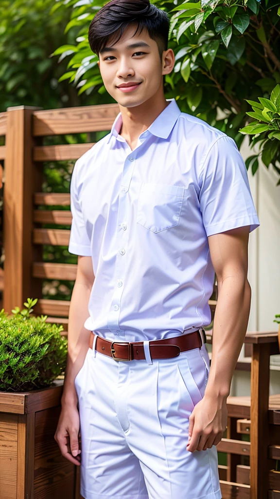 (Create a masterpiece: 1.2),(CGI art:1.3),(realistic:1.5),(After processing:1.3),(Sharp focus:1.3),10,1 man, smile, (Wear a white school shirt.), (Shorts, blue:1.2),brown belt, Korean guy , korean men, (High gloss details), chest muscles, large arm muscles, blood vessel, Big muscles, Broad shoulders, looking at the audience, Balancing the eyes, forest, mountain, (Make eye contact)