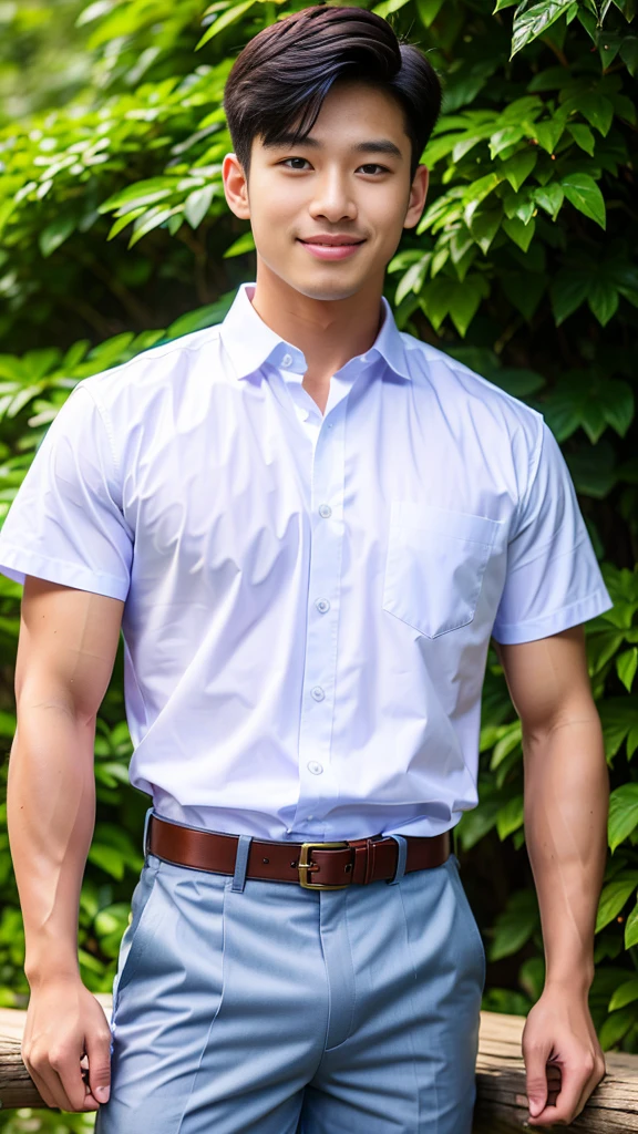 (Create a masterpiece: 1.2),(CGI art:1.3),(realistic:1.5),(After processing:1.3),(Sharp focus:1.3),10,1 man, smile, (Wear a white school shirt.), (Shorts, blue:1.2),brown belt, Korean guy , korean men, (High gloss details), chest muscles, large arm muscles, blood vessel, Big muscles, Broad shoulders, looking at the audience, Balancing the eyes, forest, mountain, (Make eye contact)