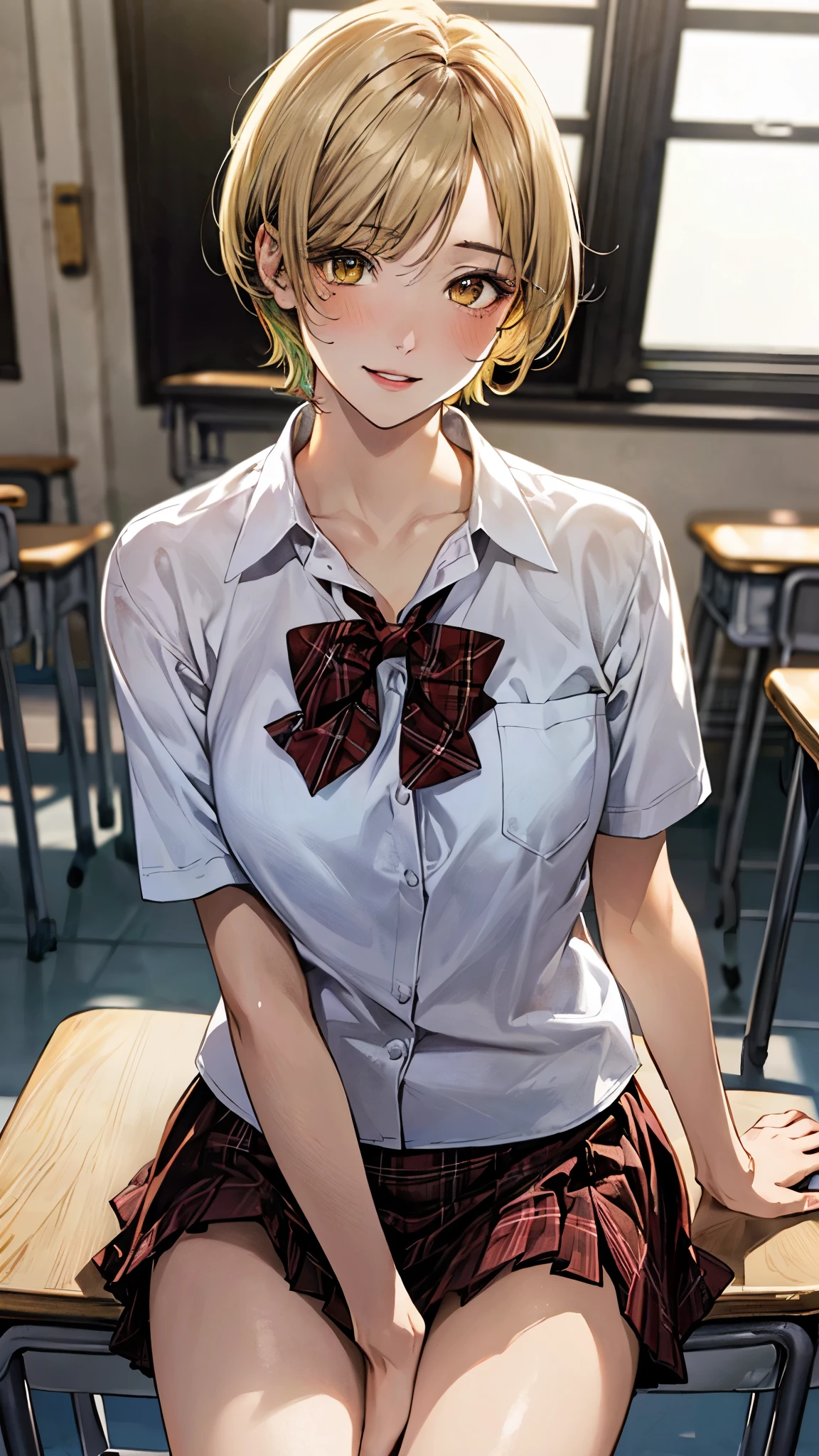 (masterpiece:1.3, top-quality, ultra high res, ultra detailed), (realistic, photorealistic:1.4), beautiful illustration, perfect lighting, natural lighting, colorful, depth of fields, ,
beautiful detailed hair, beautiful detailed face, beautiful detailed eyes, beautiful clavicle, beautiful body, beautiful chest, beautiful thigh, beautiful legs, beautiful fingers, shiny skin,
looking at viewer, 1 girl, high school girl, (perfect anatomy, anatomically correct, super detailed skin), cute and symmetrical face, face, perfect face, perfect eyes, ,
(short hair:1.5, pixie cut:1.2, chartreuse yellow hair), parted bangs, gold eyes, big eyes, drooping eyes, long eye lasher, (medium breasts, seductive thighs), skin dendation,
detailed cloth texture, break, (short sleeve white collared shirt), break, (red plaid pleated skirt), break, red bow tie, break,
(beautiful scenery), summer, evening, (school classroom:1.2), sitting desk, (lovely smile, upper eyes, parted lips),