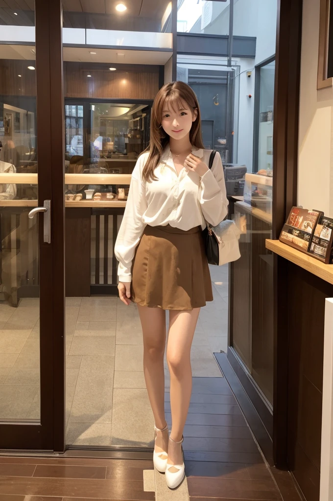 23 years old Japanese beauty woman Cafe entrance Full body portrait Light brown hair High resolution Uncle'favorite of Looking into the camera A look of expectation cute Straight Bob Inner purple Glossy face Wet, Shiny skin Earrings 8K Photo, Highest quality, masterpiece, Realistic, Realistic Beautiful clavicle Spring-like tops jeans Sandals