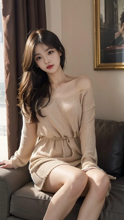 1 Girl,Sit on a comfortable sofa,Soft Light,Chinese Beauty, dress,Dark-haired,Length of hair