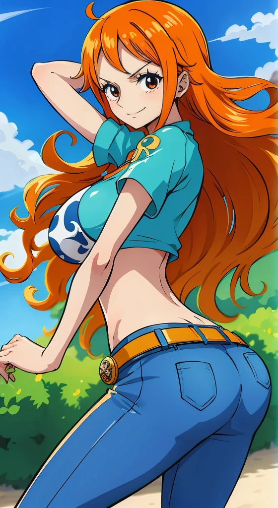 Gere uma imagem realista no estilo anime de Nami de One Piece. Capture your distinctive look with orange hair, uma camisa listrada azul e branca, and a joyful expression. Certifique-se de que a imagem reflete sua personalidade aventureira e confiante como retratada no anime., plano amplo , corpo todo, mostrando a ass, Athletic curvilinear, peito grande, coxas grossas and Naked body