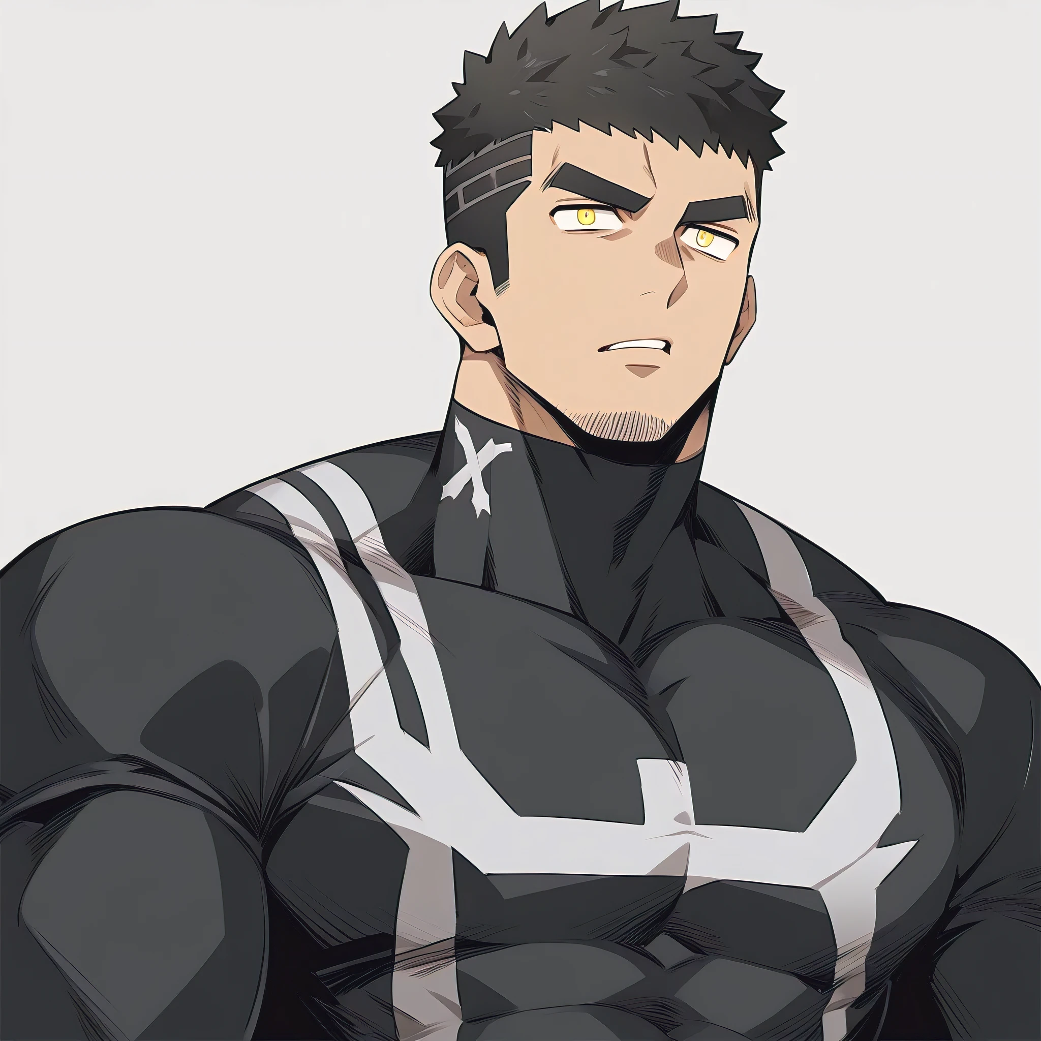 one negro, anime characters:Gyee, Hibino Kafka, One Muscle Sports Student, negro black skin, Very Black, muscular tough guy, Manliness, male focus, Grey long sleeve turtleneck tight t-shirt, Regular symmetrical pattern, Very tight, muscular male, muscular, only, Upper body, alone, Black short hair, Thick eyebrows, stubble, Yellow eyes, White background, simple background, amazing quality, best aesthetics, Ridiculous, bright pupils, crew cut, parted lips, v-shaped eyebrows, jitome, best quality