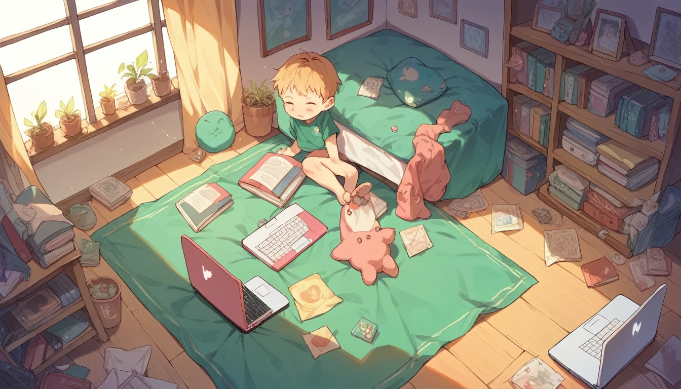 children story book illustration Children playing games in their room with laptop