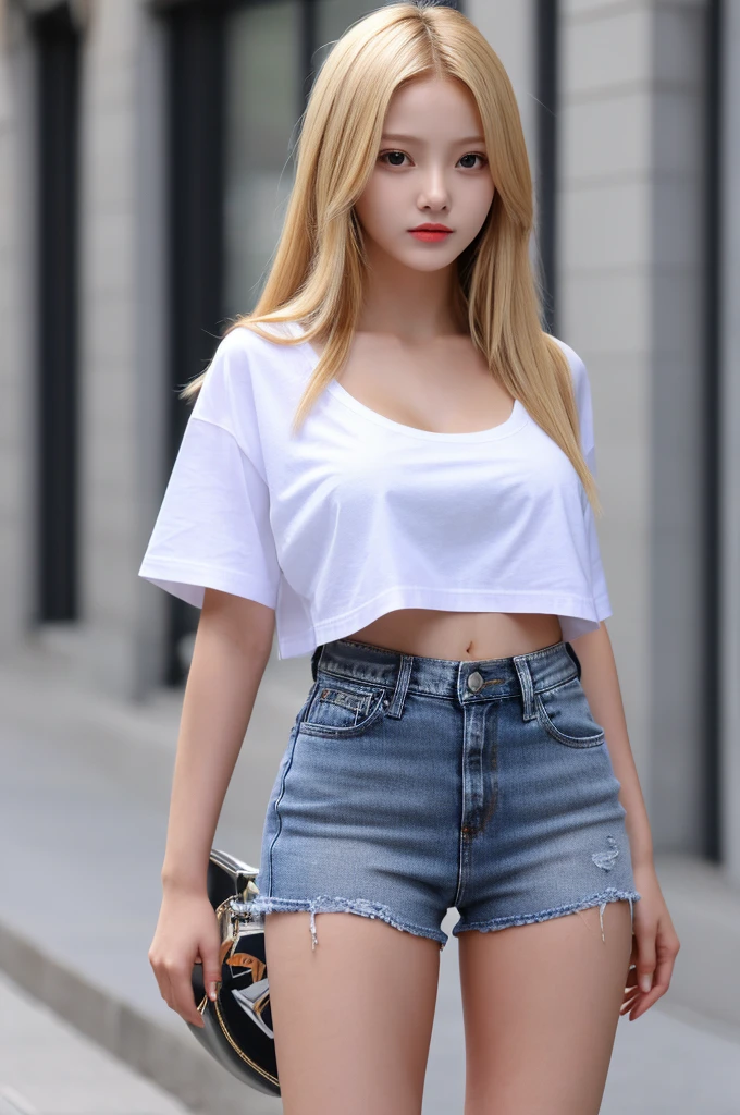 Sunburn marks on tanned skin、blush、Bright blonde hair,A cute 16-year-old girl with a cute look, A strong wind blows my hair in front of my face、Beautiful big sparkling eyes, Cute eyes hidden by long bangs、Yawn、No visible nasolabial folds、A short, light-colored miniskirt、Multi-colored summer shirt、Korean Beauty