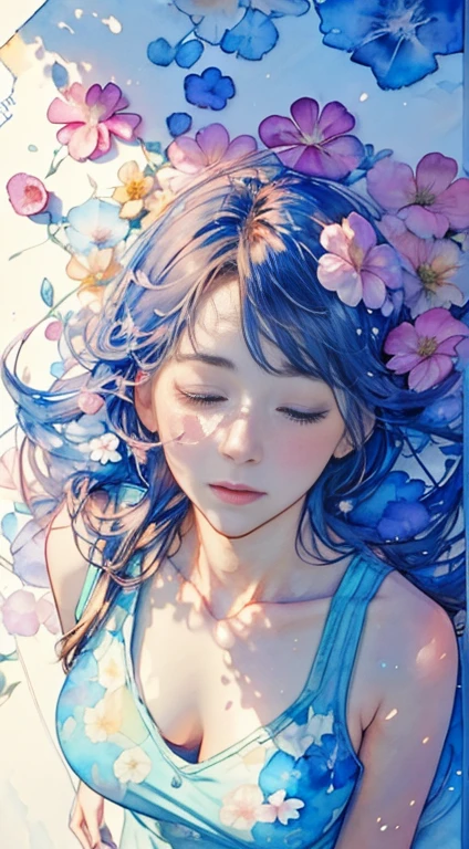 8K,masterpiece,top-quality, head shot,(shoot from above:1.6),Dynamic Pose,30 years old 1 girl, Portrait, Floral, watercolor sketch, light, Long hair, watercolor paiting \(Medium\),watercolor paiting,Tank Tops,Lying and sleeping in a flower garden