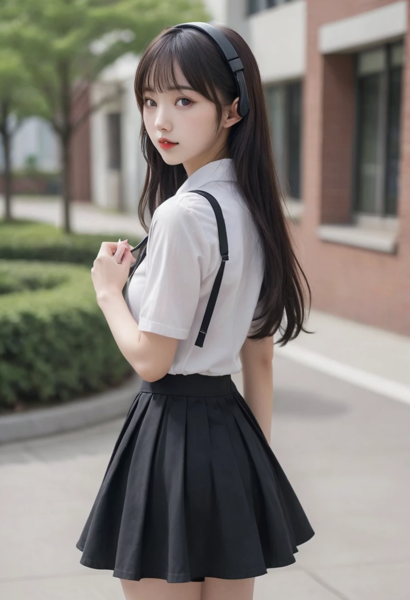 A high resolution, American Chinese, with bangs, Thick hair, on-ear headphones for neck, Long полосатая кофта, "Long" Black skirt, ta shoes, Bruce Wayne's daughter