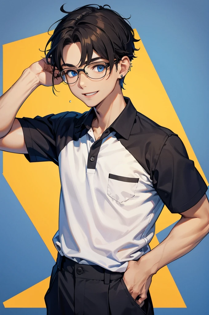 Boy, one boy,charming, Black hair with brown highlight, blue eyes, Wears Blue polo shirt with white shirt under,wears Glasses,black pierce on his left ear, standing, right hand inside the pocket, smile slightly, yellow background