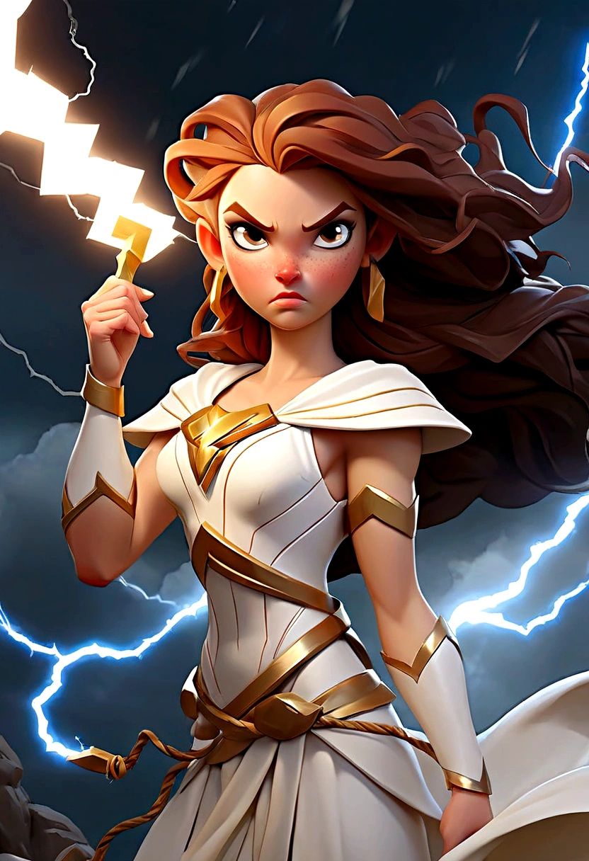 Woman in white dress holding lightning bolt, Goddess of Thunder, A digital painting inspired by Zeus from Greek mythology, epic digital art illustration, Character art by Charlie Bowter, Inspired by Magali Villeneuve, Lightning flashes behind her, Graphic artist Magali Villeneuve, epic fantasy art portrait, Neo-artcore and Charlie Bowter, Realistic fantasy illustration, Amazing digital illustrations