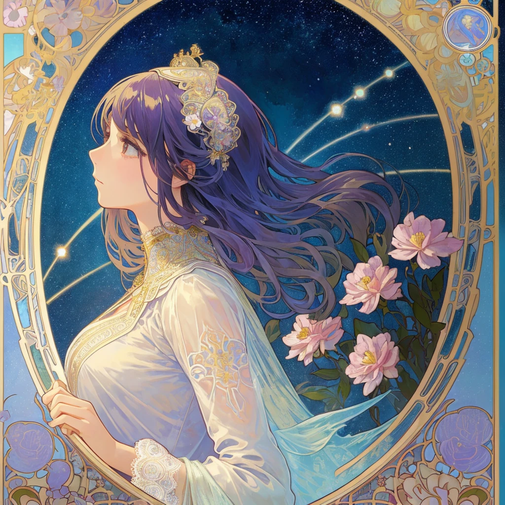 (((1 girl ))), masterpiece, highest quality, beautifully、aesthetic: 1.2, gem, Quality lace, Detailed frame, Flowers, water, A beautiful girl fits into the frame, starry sky background, rainbow hair, profile, (Alphonse Mucha Style),